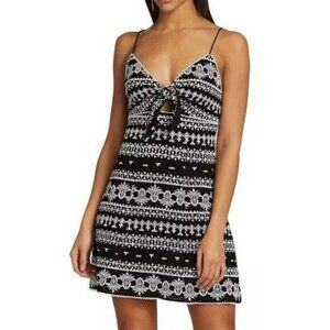 Alice + Olivia 'Roe' Embroidered Tie-Front Mini-Dress, Black/Off-White
